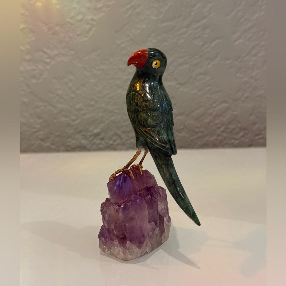 Elegant Semi Precious Stone Parrot Sculpture Green and Red Bird Figurine.offer ?